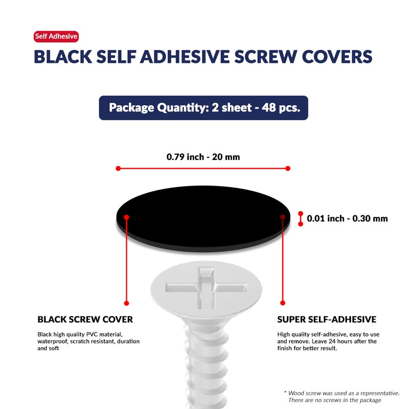 UNMAR Black Self-Adhesive Screw Hole Stickers - 48 pcs. 0.79 inch / 20 mm Peel Stick Dust Proof Tape, Water Resistance PVC Caps for Wood Cabinets, Furniture, Drawer, Wardrobe, Kitchen, Table - Image 2